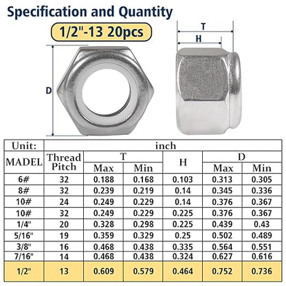 20 Pack 1/2"-13 Inch Locknuts,304 (A2-70) Stainless Steel Nylon Insert Lock Nuts,Standard Inch Thread Nylock Nuts