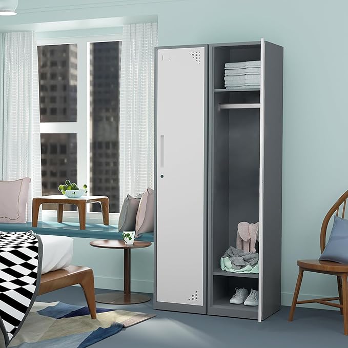 Metal Locker for Home, Dressing Room, 71" Steel Storage Lockers for Employees, Lockable Locker Cabinet with 1 Door (Grey White)