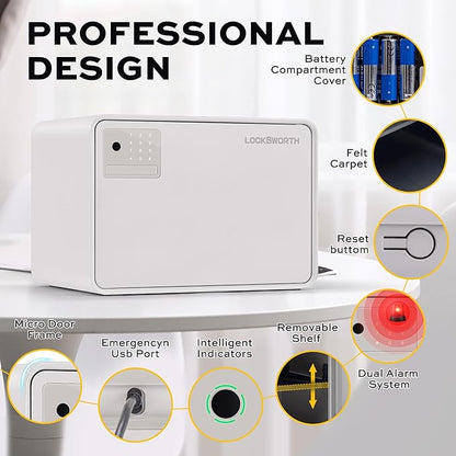 Biometric Safe for Home, 0.6 Cube Feet Auto-Open Fingerprint Safe with Touch Screen, Alarm System & Removable Shelf, Small Money Box for Cash, Jewelry, Documents, Home Office Use,White