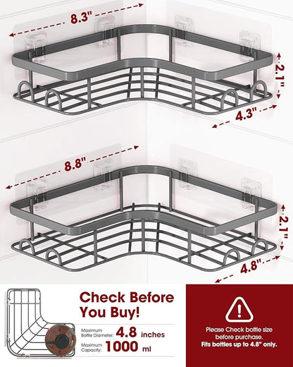 Corner Shower Caddy - 2 Pack, Adhesive Shower Organizers, Rustproof Stainless Steel Shower Shelves with 8 Hooks, No Drilling Bathroom Organizers and Storage Racks, Space-Saving, Grey, Large
