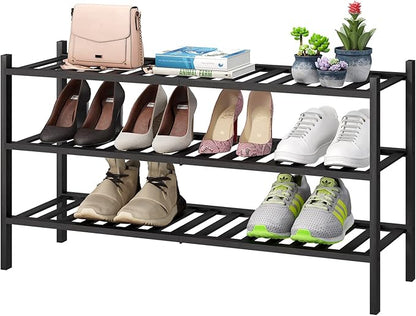 3-Tier Long Black Shoe Rack, Bamboo Wood Shoe Rack for Closet, Entryway & Hallway, Stackable | Functional | Sturdy
