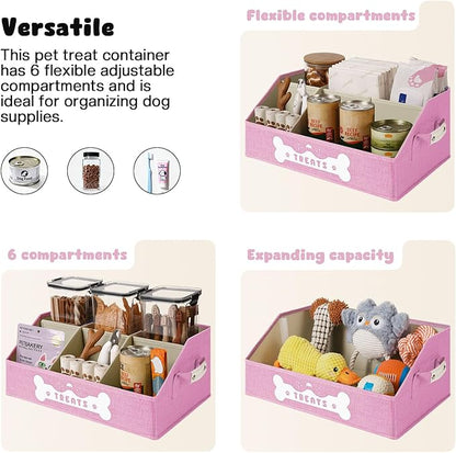 Dog Treat Container, Dogs Storage Organizer with Removable Dividers, Collapsible Dogs Treat Holder for Countertop, Trapezoid Pet Treats Containers, Dog Toy Basket with PU Handles, Medium, Pink