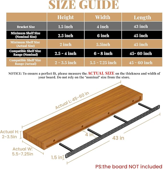 1 Pack Large Shelf Brackets Long Floating Shelf Bracket Invisible Floating Shelf Hardware Heavy Duty Floating Mantel Brackets(43"X4"X1.5" with Tools)