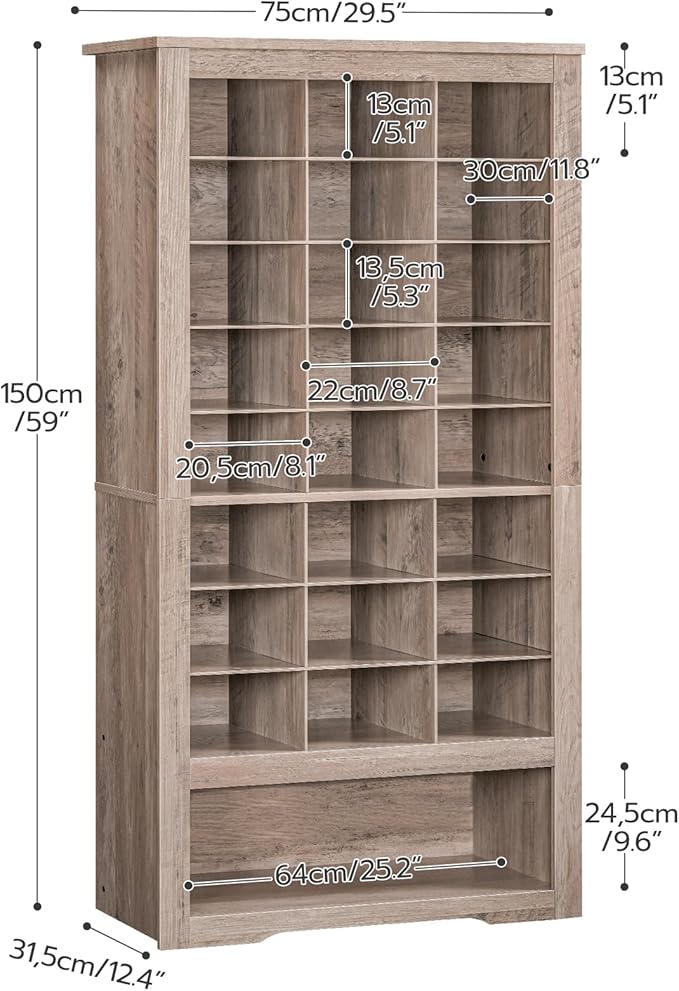 HOOBRO Tall Shoe Cabinet Set of 2, 9 Tier Shoe Storage Cabinet, Freestanding Wooden Shoe Organizer with 24 Cubbies and 3 Hooks, for Entryway, Closet, Living Room, Greige BG24SCP201