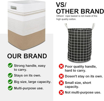 Laundry Basket, Large Woven Rope Tall Laundry Basket with Handles, Decorative Storage Basket for Clothes and Blankets in Living room, Bedroom