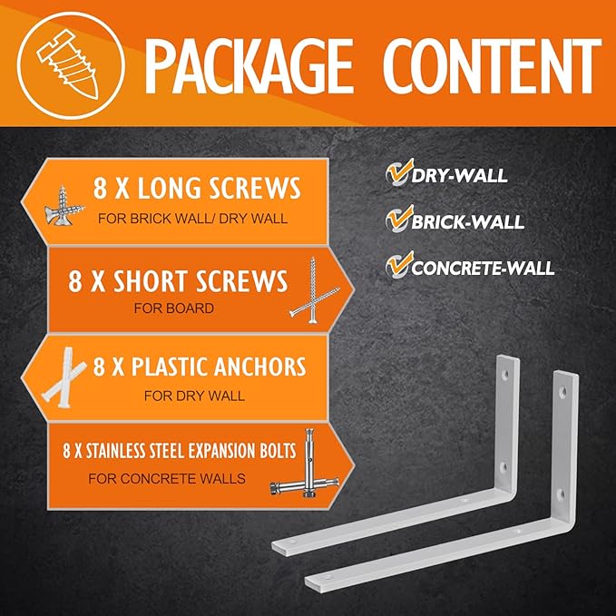 CLT White Shelf Bracket, 6” X 4” Quarter Inch (1/4") Thick- Max Load: 330 lb Rustic Industrial Modern Farmhouse Heavy Duty Cold Rolled Steel Bracket for Table Bench, Space Saving DIY, Pack of 4