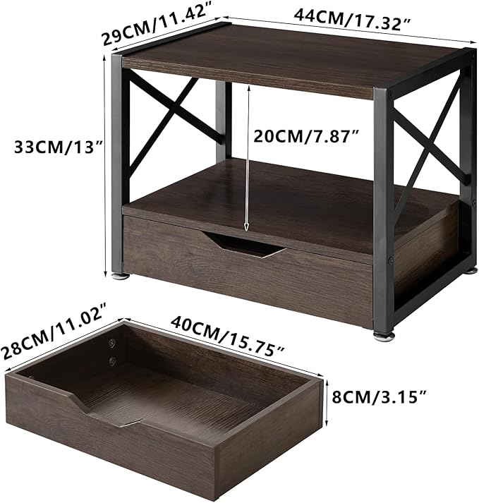 IBUYKE 2 Tier Desktop Printer Stand,Multi-Purpose Desk Organizer,Wooden Printer Stand with Drawer Storage for Folders,Books,for Fax Machine, Scanner,Home Office,Grey TLJ006G
