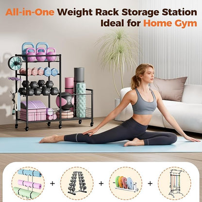 Dumbbell Rack, Home Gym Weight Rack Storage, Adjustable Dumbbell Stand Organizer with Wheels, Holds Dumbbells, Kettlebells, Yoga Mats