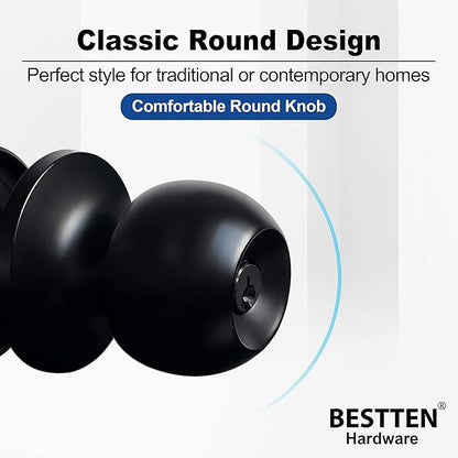 BESTTEN Keyed Entry Door Knob, Entrance Door Lock, Standard Ball, All Metal, Matte Black