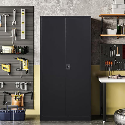 Metal Storage Cabinet with 2 Doors and 4 Adjustable Shelves, 71'' Steel Garage Cabinet, Locking Tool Cabinets for Office, Home,School,Kitchen,Garage Utility Black