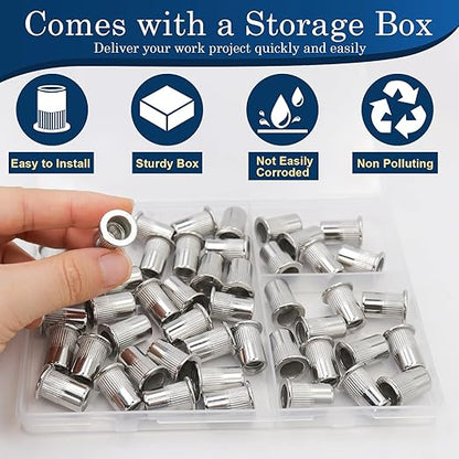 5/16''-18 UNC Rivet Nut, 50Pcs 304 Stainless Steel Flat Head Rivnut Threaded Insert Nutsert