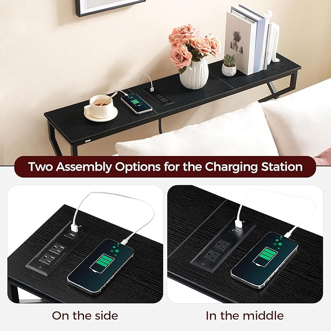 Console Sofa Table, 44.9" Entryway Table with Power Station, Narrow Couch Table with USB Ports and Outlets, Metal Frame, for Entrance, Living Room, Black CTHB113E01