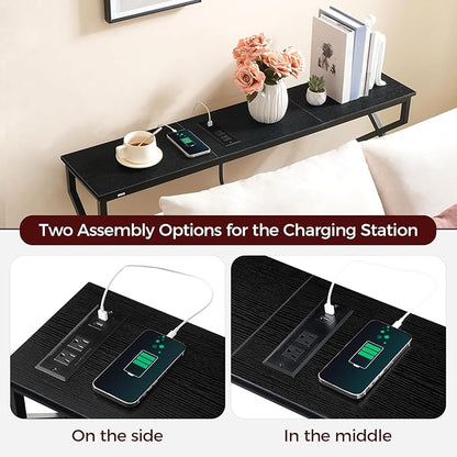 Console Sofa Table, 44.9" Entryway Table with Power Station, Narrow Couch Table with USB Ports and Outlets, Metal Frame, for Entrance, Living Room, Black CTHB113E01
