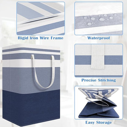 BlissTotes 3-Pack Laundry Basket, Freestanding＆Waterproof Laundry Hamper, Collapsible Tall Clothes Hamper with Easy Carry Handles for Clothes, Towels in the Family and Dorm,Gradient Blue,75L