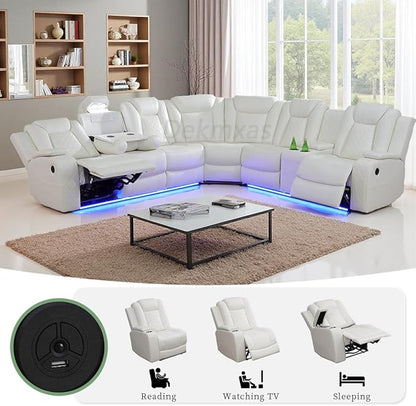 Breathing Leather Power Recliner Sectional Sofa Couch with LED Light, Living Room Furniture Sets,Creamy White Power Reclining Sectional Sofa Set with Storage Console/Cup Holder for Living Room
