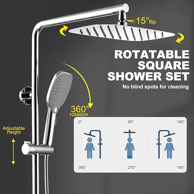 Rain Shower System with 304Stainless Steel Shelf, 12 Inch Rainfall Shower Head System with Handheld Spray, SonTiy Dual Shower Combo with Height Adjustable Holder, Brass Diverter, 1.8 GPM, Chrome