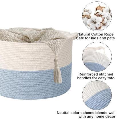 65L Large Blanket Basket,19.7" L x 19.7" W x 13" H Rope Woven Baskets with Handles, Toys Storage Bins,Laundry Basket Perfect for Living Room, Nursery,Bedroom,Home Organization,White&Blue
