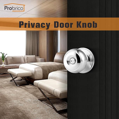 Probrico Polished Chrome Privacy Door Knobs, Interior Door Lock for Bathroom Bedroom, Keyless Round Ball Knob Handle, Thumb-Turn Locking, 3 Pack