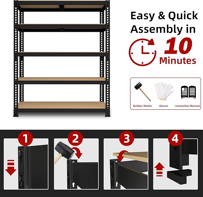 4 Packs 35.5" W x 16" D x 71" H Adjustable Garage Storage Shelves - 5-Shelf Heavy Duty Shelving Unit, Metal Utility Storage Organizer Racks for Warehouse Pantry Closet Kitchen, Black