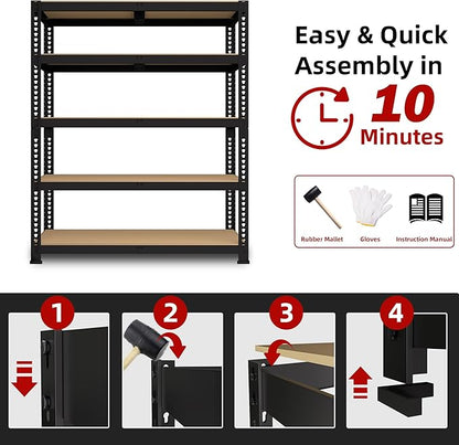 35.5" W x 16" D x 71" H Adjustable Garage Storage Shelves - 5-Shelf Heavy Duty Shelving Unit, Metal Utility Storage Organizer Racks for Warehouse Pantry Closet Kitchen, Black