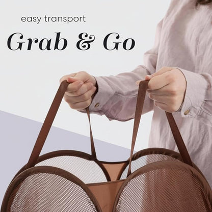 Handy Laundry Collapsible Mesh Pop Up Hamper with Wide Opening and Side Pocket - Breathable, Sturdy, Foldable, and Space-Saving Design for Clothes and Storage (Brown)