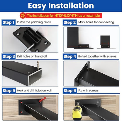 Muzata HT10 HL10 HT14 HL11 HL12 Flat Handrail Accessories - 2Pack End Brackets Universal Black Stainless Steel Handrail Support Wall Mount Base, HA34 BP4