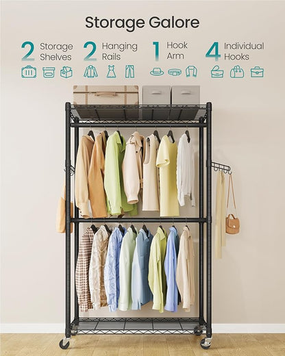 SONGMICS Heavy-Duty Rolling Clothes Rack, Garment Rack, Portable Closet on Wheels, with Adjustable Mesh Shelves and Hanging Rails, Hooks, 15.8 x 35.4 x 78.3 Inches, Ink Black ULGR416BH01