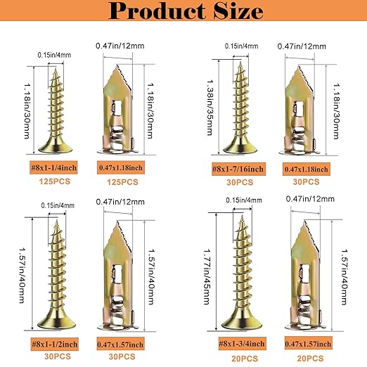 410 PCS Self Drilling Drywall Anchors with Screws Kit - 2 Sizes Sheetrock Anchors & 4 Sizes Zinc Expansion Screws,2025 Upgraded Zinc Plated Steel,No Drill Needed, Holds Up to 66LB on Walls