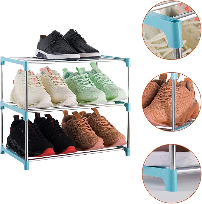 3-Tier Stackable Small Shoe Rack, Lightweight Shoe Shelf Storage Organizer for Entryway, Hallway and Closet(Blue)