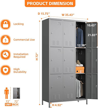 Aobabo New 9 Doors Metal Storage Locker for Employees, Lockable Steel Locker with Name Card Slot and 27 Hooks for School Office Gym Garage, Dark Grey, Assembly Required