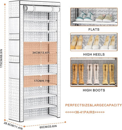 OYREL Shoes Rack 10 Tier Tall Shoe Rack with Storage Pockets, Fabric Covered Shoe Racks,Metal Shoes Rack Organizer for Closets,Bedroom, Garage