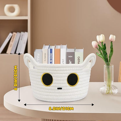 Small Storage Cute White Cat Cotton Rope Woven Basket for Nursery, Blanket Basket Organizer With Ears Toy Storage Bin Box 8.5×4.5 inches