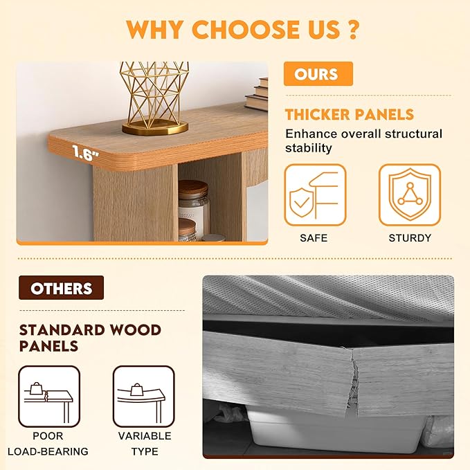 55 Inch Entryway Table Single-Shelf Cabinet, 1.6 Inch Thick Desktop Wooden Console Table with Socket Farmhouse Sofa Table for Entrance, Hallway, Living Room,Behind Couch(Oak Brown)