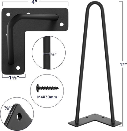 SMARTSTANDARD 12 Inch Heavy Duty Hairpin Furniture Legs, Metal Home DIY Projects for Nightstand, Coffee Table, Desk, etc with Rubber Floor Protectors Black 4PCS