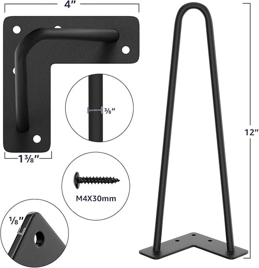 SMARTSTANDARD 12 Inch Heavy Duty Hairpin Furniture Legs, Metal Home DIY Projects for Nightstand, Coffee Table, Desk, etc with Rubber Floor Protectors Black 4PCS