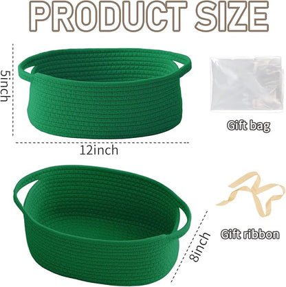 Woven Basket,Small Rope Storage Bin with Handles & Ribbon Bag, Organizer for Shelves Closets,Gift Basket Empty for Birthday,Books,Dog Toys, Green
