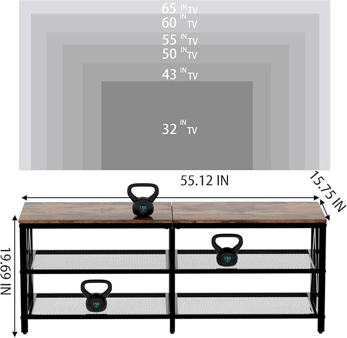 TV Stand for TVs up to 65 Inch, 55" Long Industrial TV Console Table with 3-Tier Storage Shelves, Entertainment Center for Living Room, Bedroom (Brown)