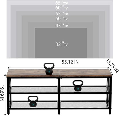 TV Stand for TVs up to 65 Inch, 55" Long Industrial TV Console Table with 3-Tier Storage Shelves, Entertainment Center for Living Room, Bedroom (Brown)
