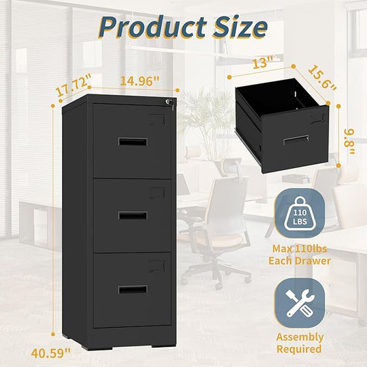 3 Drawer File Cabinet with Lock, Vertical Filing Cabinets for Home Office, Heavy Duty File Cabinet, Metal Storage Cabinets for Letter/Legal/A4/F4 Size Assembly Required, Black