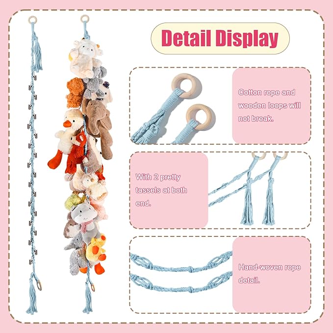 80" Cotton Hanging Storage Chain For Stuffed Animals Storage with 20 Metal Clips, Stuffed Animal Organizer Chain for Wall Corner Nursery Play Room, Baby Blue