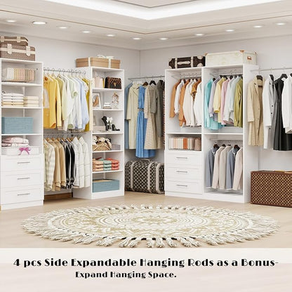 Closet System with 4 Sets, Closet Organizer Systems with 6 Drawers & 7 Hanging Rods & Adjustable Shelves, Walk in Closet Standalone Closet System Modular Closet System Set White