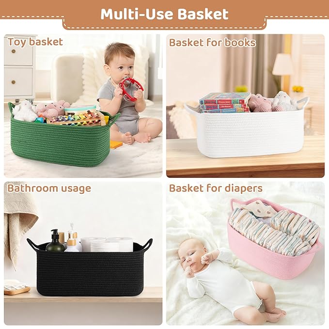 Large Empty Gift Baskets for Baby Shower, 16.5" L x 12.6" W x 7" H Cute Woven Storage Basket with Gift Bags and Ribbons, Small Rope Toy Basket with Handles, Cat Dog Pet Toy Organizer - White