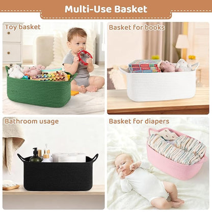 Large Empty Gift Baskets for Baby Shower, 16.5" L x 12.6" W x 7" H Cute Woven Storage Basket with Gift Bags and Ribbons, Small Rope Toy Basket with Handles, Cat Dog Pet Toy Organizer - White