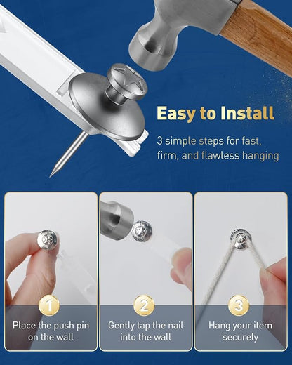 Uniclife 60 Pcs Double Headed Picture Hanging Nails, Picture Hangers, Push Pins for Wall, Double Headed Thumb Tacks, Metal Thumbtacks, Wall Hooks for Art, Photo Frame, Tapestry & Decor, Silver