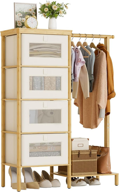 Bamboo Dresser with Hanging Rack, 4-Drawer Small Closet Organizer for Bedroom, Tall Storage Tower with Clothes Rack, Natural Wood 41.4" H x 31.3" W–Space-Saving Design, Easy Assembly