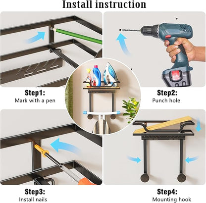 Ironing Board Hanger Wall Mount with Renewable Natural Fiber Shelf, Heavy Duty Iron Board Holder for Laundry Room Organization and Storage, Fits T & Y Shaped Leg Boards, Space Saving, Black