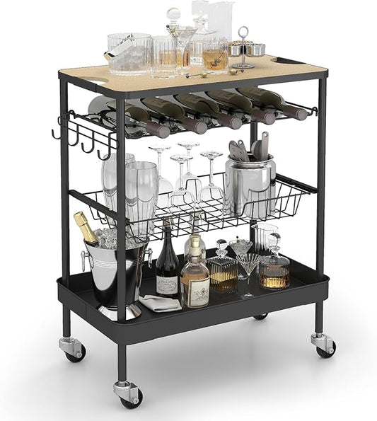 Sekey Rolling Kitchen Cart with Wine Rack, Bar Cart, Home Bar Serving Cart on Wheels with Hook, Mobile Beverage Microwave Carts, for Home, Living Room, Dinning Room, Black and Light Brown