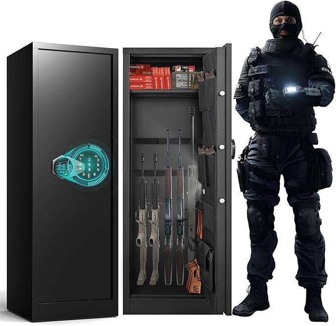 Marcree 8-12 Gun Safe for Rifles and Shotguns, Large Digital Rifle Cabinet with Dual Alarm System, Shotgun Safe with Removable Shelf, Mute Function, Pistol Bag, LED Light, Assemble Required