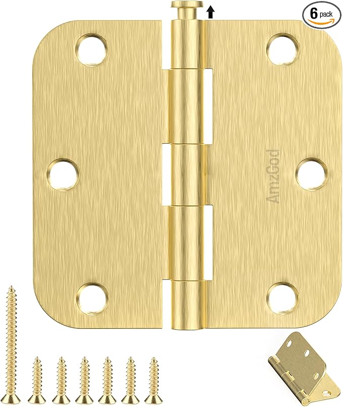 Door Hinges Satin Brass - 6 Pack Gold Door Hinges 3.5 Inch Rounded Interior Door Hinge with 5/8" Radius - 3 1/2 Inches Brushed Brass Hinges for Residential Standard Doors