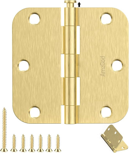 Door Hinges Satin Brass - 24 Pack Gold Door Hinges 3.5 Inch Rounded Interior Door Hinge with 5/8" Radius - 3 1/2 Inches Flat Iron Brass Hinges for Residential Standard Doors